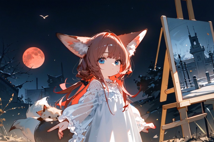 Clusteramaryllis, a little girl with red hair, fox ears, blue eyes, and white dress. The characters occupy a small space in the picture, with landscape painting, red moon, and eerie atmosphere,Equinox Flower