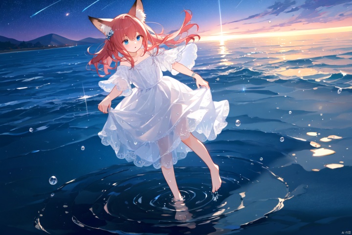 Layered white lace skirt, water surface, full body picture, barefoot stepping on the water surface, ripples, falling from the sky to the water surface, red hair, blue eyes, fox ear girl, starry sky, dancing