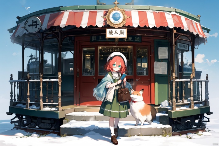 Red haired blue eyed fox ear girl, green dress, small shawl, beret, steam style glasses, small leather bag travel box, steam train, full body picture, steam train station, newspaper, robot bird

 
笔记