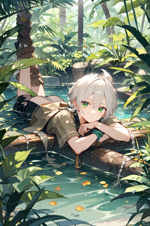 Teenager, male, rainforest, cane, collapsed tree trunk, boy lying on the tree trunk, white hair, green eyes, water, ponytail, snake pupil, small Fried Dough Twists braids on the temples, brown clothes, primitive jungle style