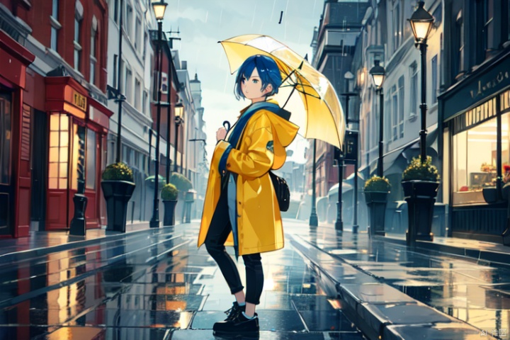 Overcast, rainy, umbrella, yellow raincoat, blue hair, hair length up to waist, male, full body picture,London