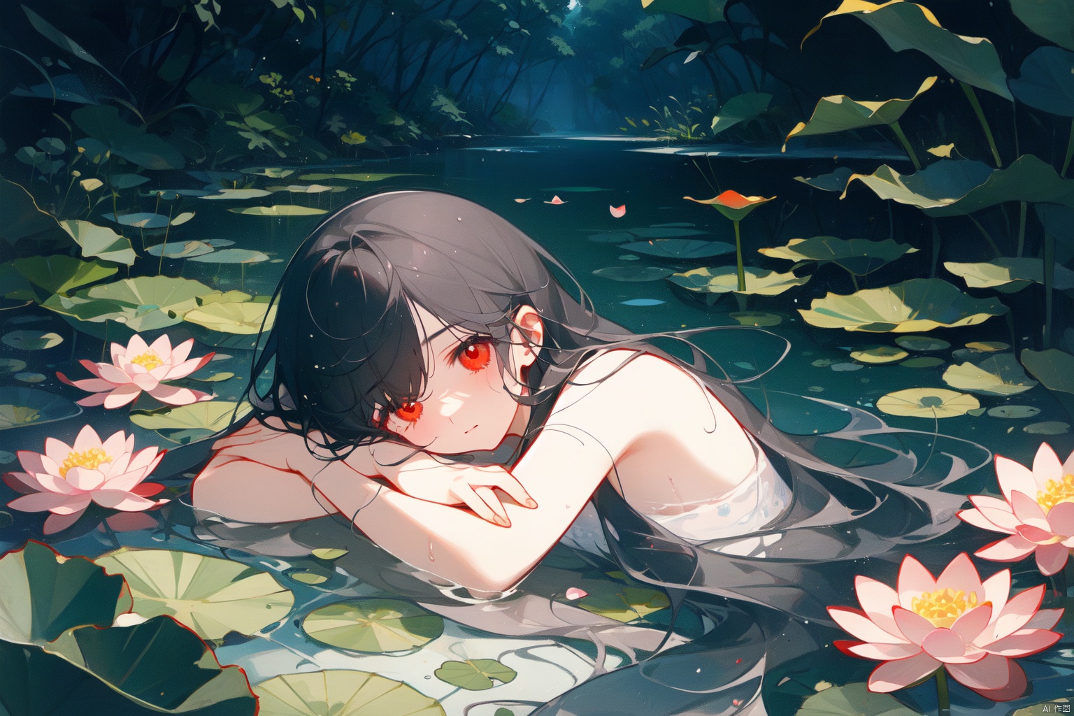 Taoist, lying on a river of blood, holding lotus flowers in his hand. The lotus flowers are stacked on top of him, creating a dark atmosphere. A girl with black hair and red eyes is lying in the water, creating a dark, evil, and gloomy atmosphere. Dark tone,lying,lying in the water,
仰躺supine

