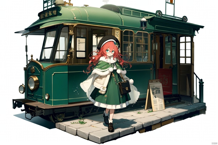 Red haired blue eyed fox ear girl, green dress, small shawl, beret, steam style glasses, small leather bag travel box, steam train, full body picture, steam train station, newspaper, robot bird

 
笔记