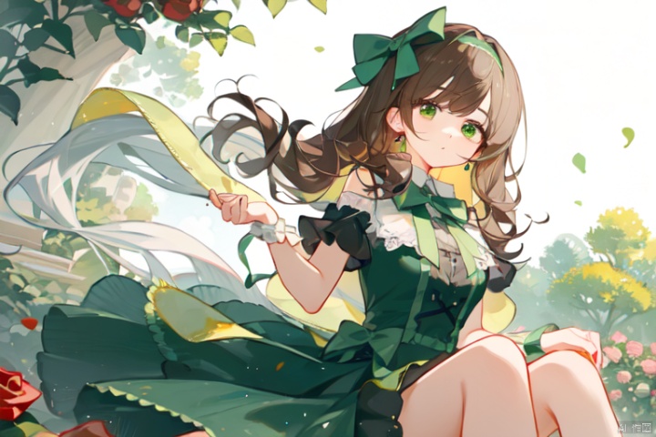 Upwardly upturned bangs, knee length large wavy curly hair, split bangs, split hairstyle, with a green bow on the head, headband, bow, brown hair, red and green eyes, different pupils, two eyes in different colors, formal dress, rose garden