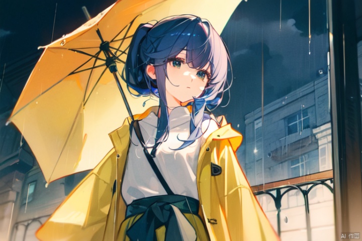 Overcast, rainy, umbrella, yellow raincoat, blue hair, hair length up to waist, 
