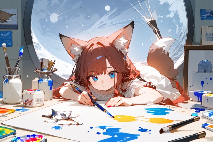 Little girl with red hair, fox ears, blue eyes, white dress, drawing board, paint, moon