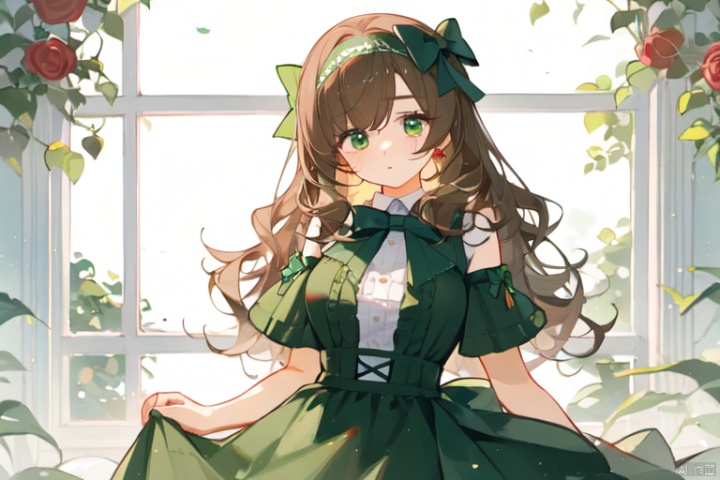 Upwardly upturned bangs, knee length large wavy curly hair, center cut bangs, center cut hairstyle, with a green bow on the head, headband, bow, brown hair, red green eyes, different pupils, two eyes of different colors, one red and one green, formal dress, rose garden