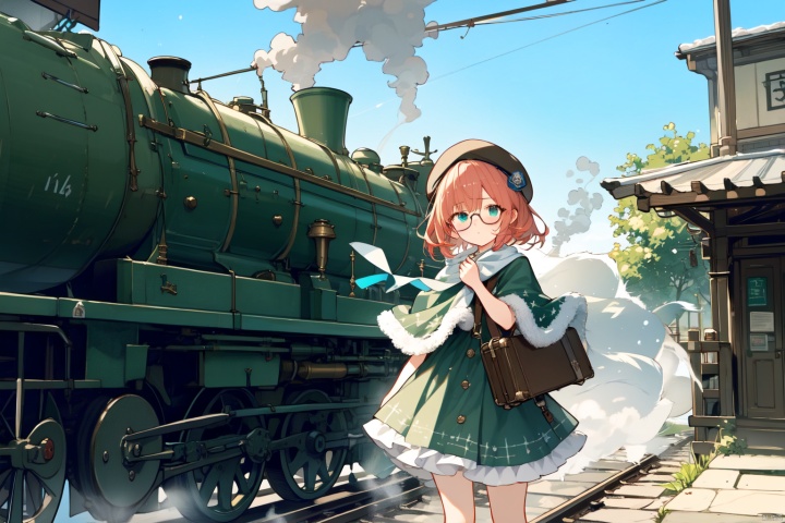 Red haired, blue eyed, fox eared girl, green dress, small shawl, beret, steam style glasses, brown leather suitcase, bronze steam train, steam train station, newspaper, gear, steam