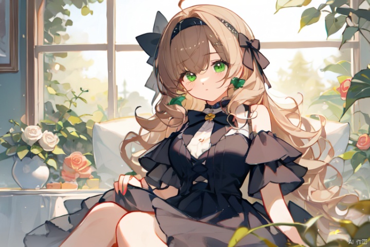 Upwardly upturned bangs, knee length large wavy curly hair, split bangs, split hairstyle, with a green bow on the head, headband, bow, brown hair, red and green eyes, different pupils, two eyes in different colors, formal dress, rose garden