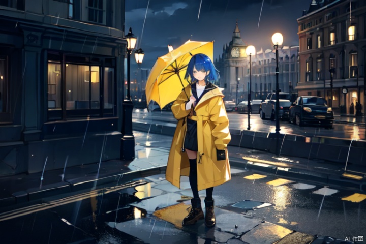 Overcast, rainy, umbrella, yellow raincoat, blue hair, hair length up to waist, male, full body picture,London