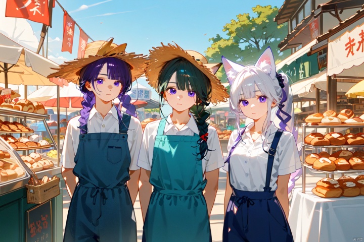 (Girl, red hair, blue eyes, fox ears, slightly curled long hair, Fried Dough Twists braids, straw hats, aprons, green skirts, bouquets)

(Youth man, purple eyes, white hair, wolf ears, ponytail, dark blue work pants, white shirt)

Bakery, Market