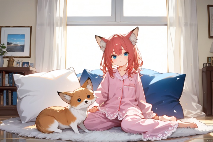 Red hair, blue eyes, fox ear girl, floor to ceiling glass window, lace gauze curtains, pajamas, cute pillow, sitting on the ground, holding a hand drawn board in hand, character on the right side of the picture, sideways