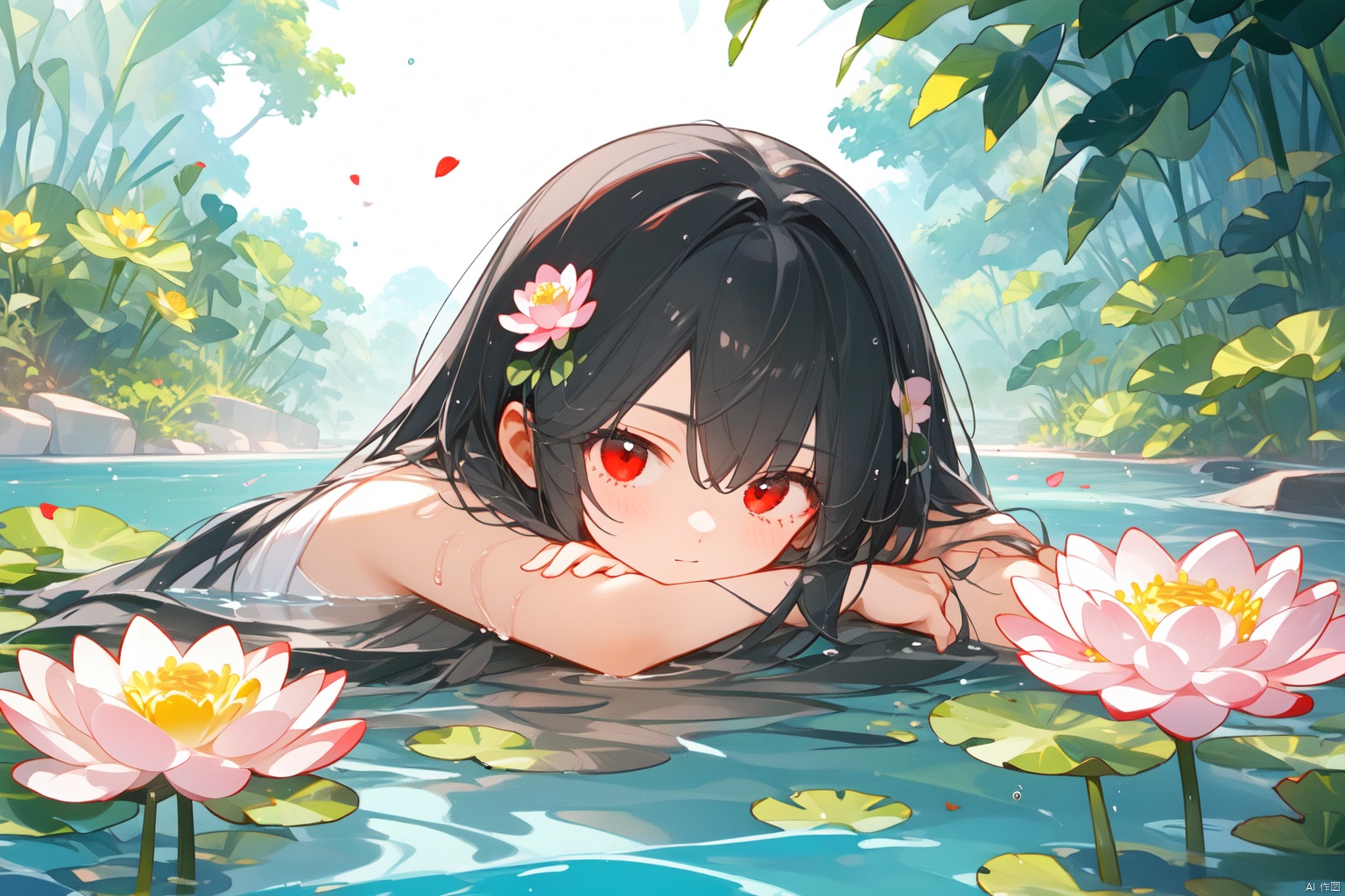 Taoist, lying on a river of blood, holding lotus flowers in his hand. The lotus flowers are stacked on top of him, creating a dark atmosphere. A girl with black hair and red eyes is lying in the water, creating a dark, evil, and gloomy atmosphere. Dark tone,lying,lying in the water,
仰躺supine

