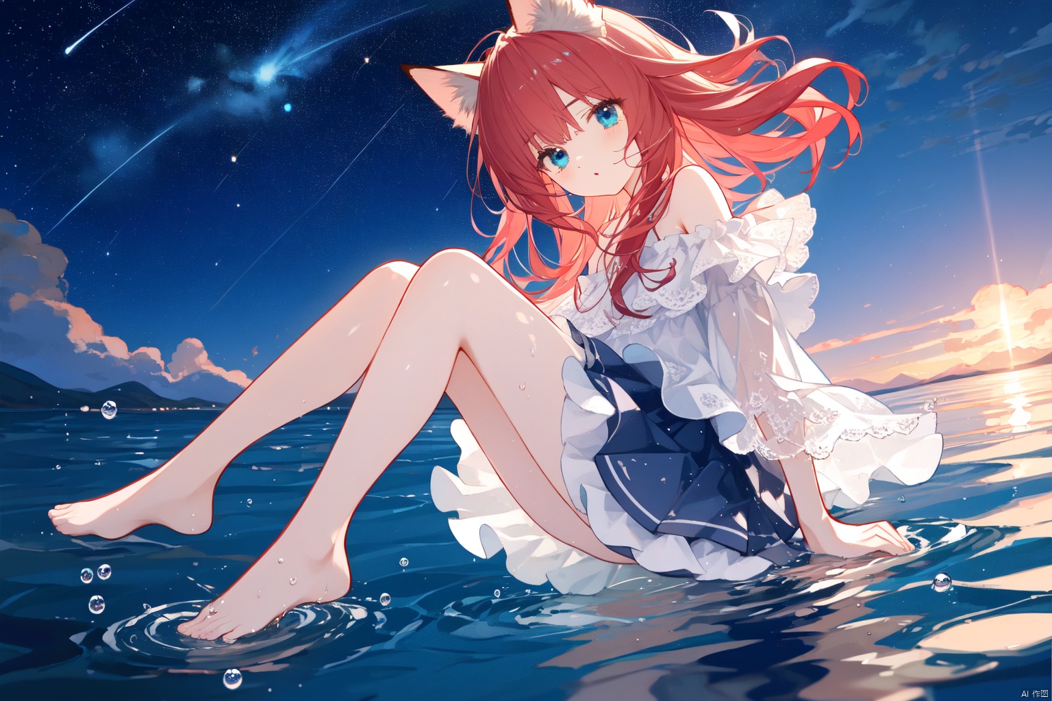 Layered white lace skirt, water surface, full body picture, barefoot stepping on the water surface, ripples, falling from the sky to the water surface, red hair, blue eyes, fox ear girl, starry sky