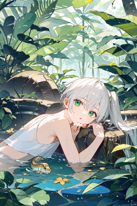  1boy, Rainforest, vines, collapsed tree trunks, boys lying on tree trunks, white hair, green eyes, water surface, ponytails,The pupil of a snake