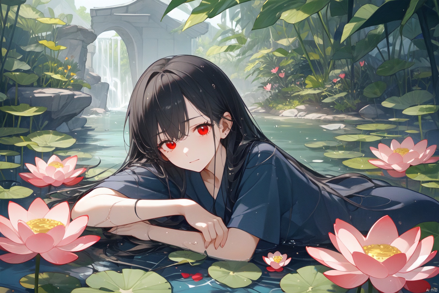 Taoist, lying on a river of blood, holding lotus flowers in his hand. The lotus flowers are stacked on top of him, creating a dark atmosphere. A girl with black hair and red eyes is lying in the water, creating a dark, evil, and gloomy atmosphere. Dark tone,lying,lying in the water,
仰躺supine

