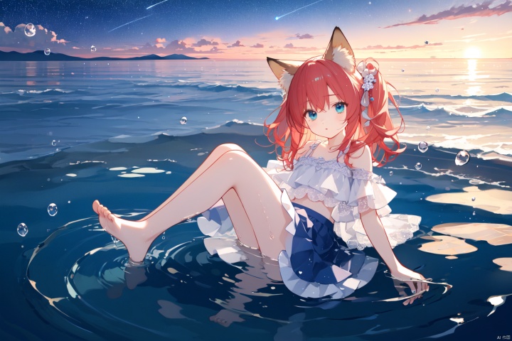 Layered white lace skirt, water surface, full body picture, barefoot stepping on the water surface, ripples, falling from the sky to the water surface, red hair, blue eyes, fox ear girl, starry sky