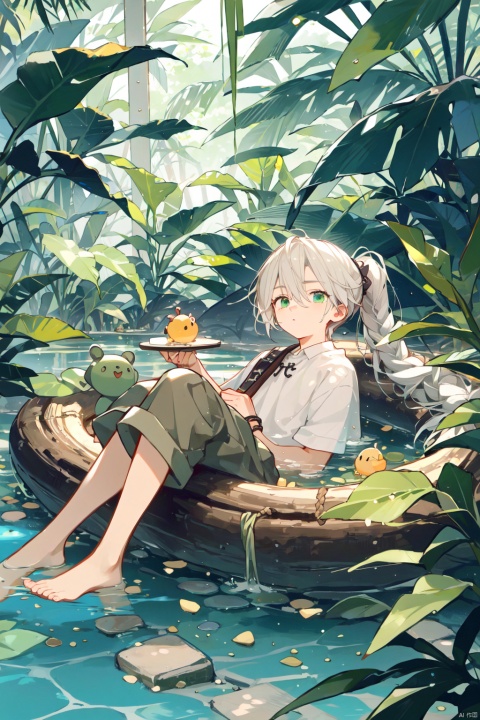 Teenager, male, rainforest, cane, collapsed tree trunk, boy lying on the tree trunk, white hair, green eyes, water, ponytail, snake pupil, small Fried Dough Twists braids on the temples, brown clothes, primitive jungle style