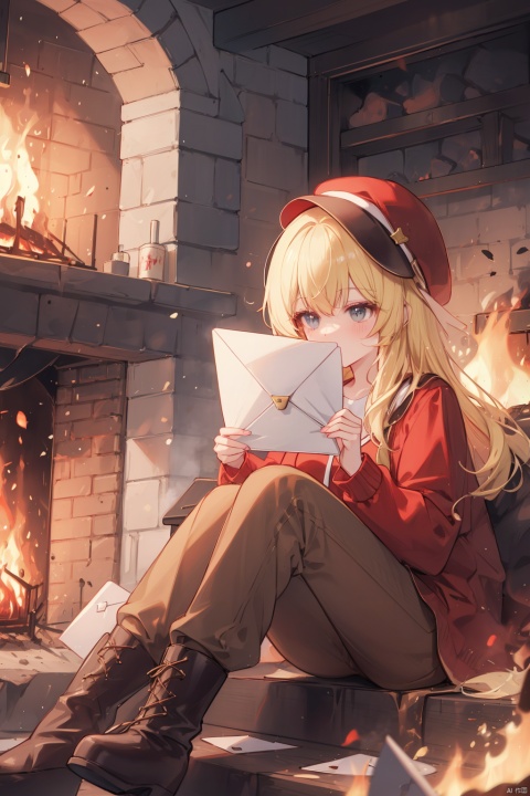 Flame, burning, blonde hair, red shirt, brown pants, boots, envelope, red hat, sitting in the fire kissing letters