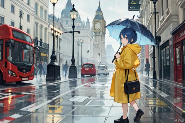 Overcast, rainy, umbrella, yellow raincoat, blue hair, hair length up to waist, male, full body picture,London