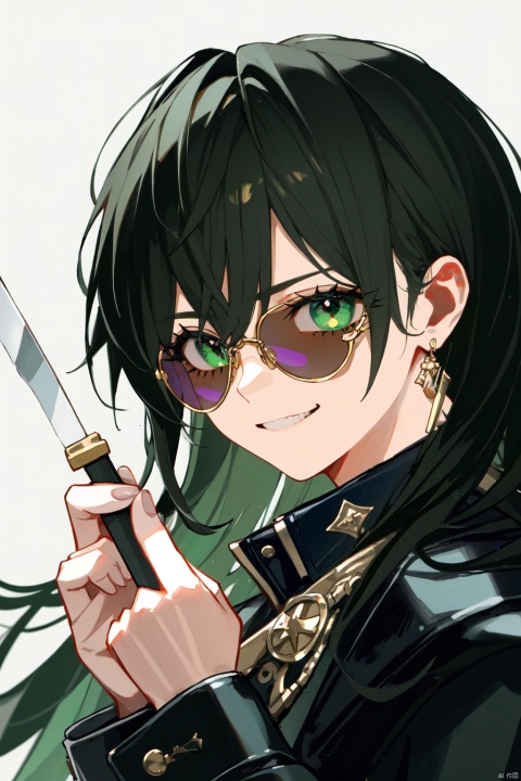 Youth, man, with green vertical pupils, long black hair, golden monocular glasses, gentle smile, poison, aristocratic temperament, evil charm, surgical knife