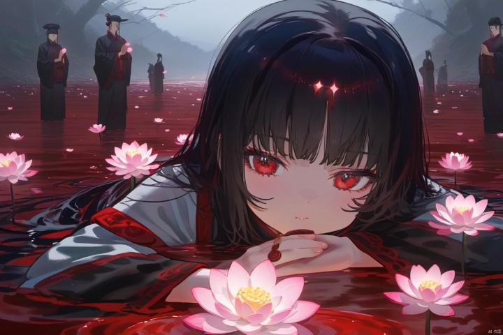 Taoist, lying on a river of blood, holding lotus flowers in his hand. The lotus flowers are stacked on top of him, creating a dark atmosphere. A girl with black hair and red eyes is lying in the water, creating a dark, evil, and gloomy atmosphere. Dark tone,lying

