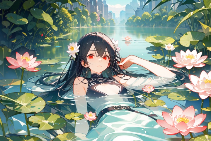 Taoist, lying on a river of blood, holding lotus flowers in his hand. The lotus flowers are stacked on top of him, creating a dark atmosphere. A girl with black hair and red eyes is lying in the water, creating a dark, evil, and gloomy atmosphere. Dark tone,lying,lying in the water,supine,

