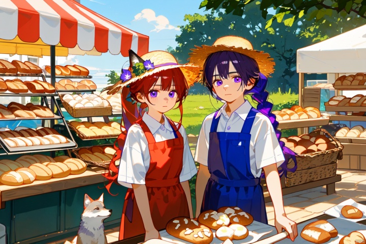(Girls, girls, red hair, blue eyes, fox ears, slightly curled long hair, Fried Dough Twists braids, straw hats, aprons, green skirts, bouquets)

(Youth, male, purple eyes, white hair, wolf ears, ponytail, dark blue work pants, white shirt)

Two people, a boy and a girl, are making bread, a bakery, and a market