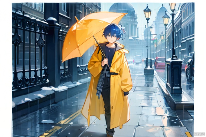 Overcast, rainy, umbrella, yellow raincoat, blue hair, hair length up to waist, male, full body picture,London