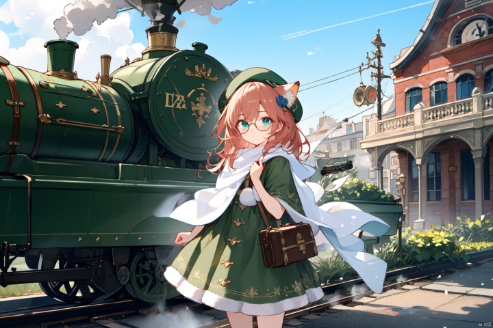 Red haired, blue eyed, fox eared girl, fox ears,green dress, small shawl, beret, steam style glasses, brown leather suitcase, bronze steam train, steam train station, newspaper, robot bird