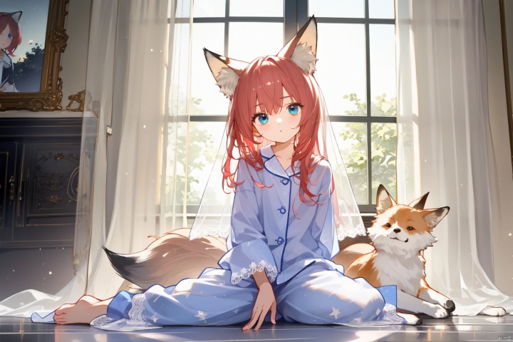 Red haired, blue eyed, fox eared girl, floor to ceiling glass window, lace light veil curtains, pajamas, sitting on the ground, hand drawn board