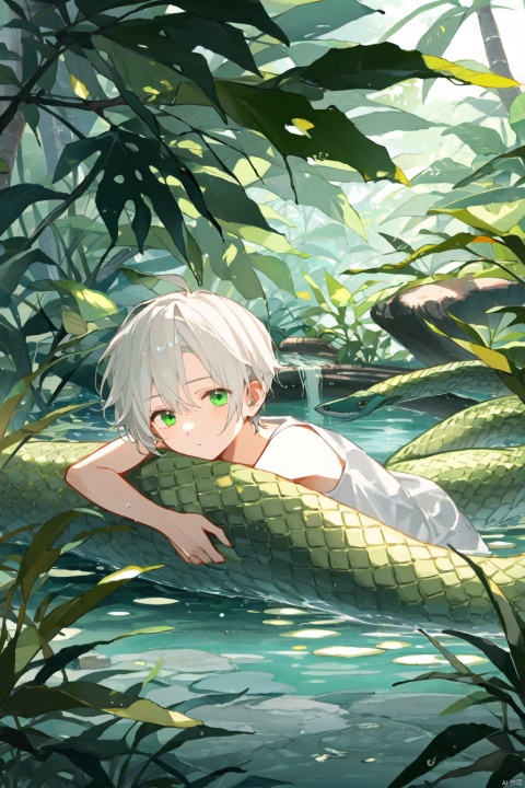  1boy, Rainforest, vines, collapsed tree trunks, boys lying on tree trunks, white hair, green eyes, water surface, ponytails,The pupil of a snake