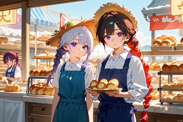 (Girls, red hair, blue eyes, fox ears, slightly curled long hair, Fried Dough Twists braids, straw hats, aprons, green skirts, bouquets)

(Youth, purple eyes, white hair, wolf ears, ponytail, dark blue work pants, white shirt)

Two people, a boy and a girl, are making bread, a bakery, and a market