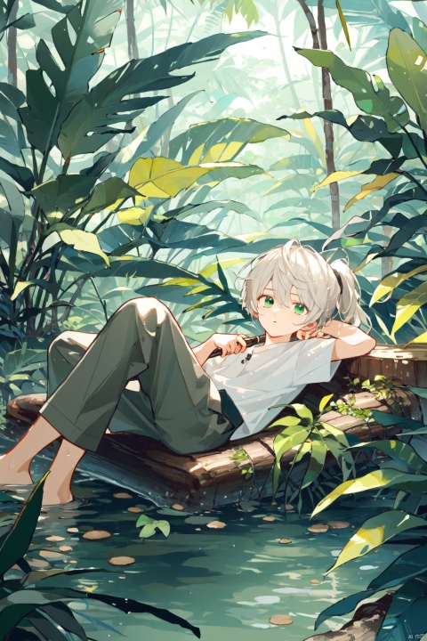  Teenager, male, rainforest, cane, collapsed tree trunk, boy lying on the tree trunk, white hair, green eyes, water, ponytail, snake pupil, small Fried Dough Twists braids on the temples, brown clothes, primitive jungle style