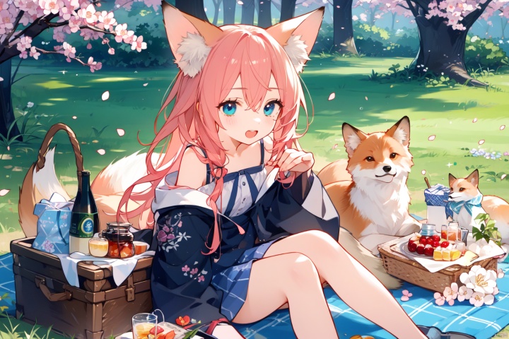 Cherry blossom forest, picnic, red haired fox ear, blue eyed girl