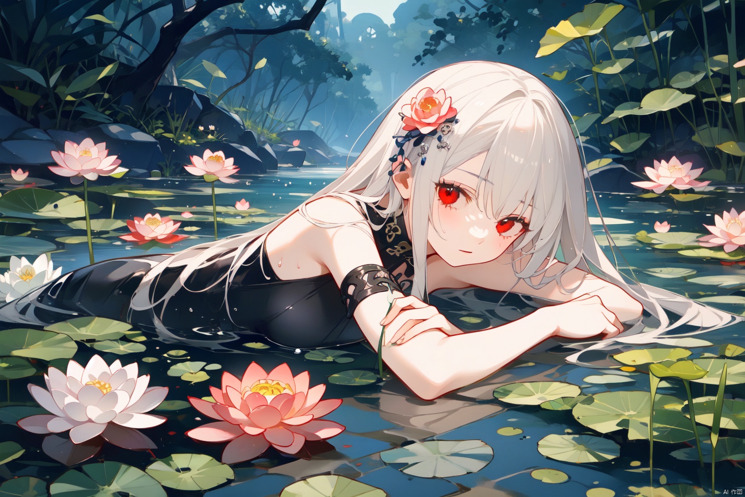 Taoist, lying on a river of blood, holding lotus flowers in his hand. The lotus flowers are stacked on his body, creating a dark atmosphere. A girl with white hair and red eyes is lying in the water, creating a dark and evil atmosphere