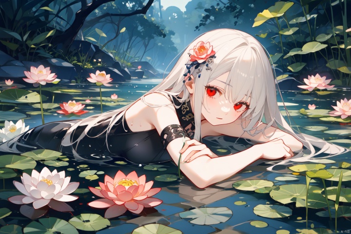 Taoist, lying on a river of blood, holding lotus flowers in his hand. The lotus flowers are stacked on his body, creating a dark atmosphere. A girl with white hair and red eyes is lying in the water, creating a dark and evil atmosphere