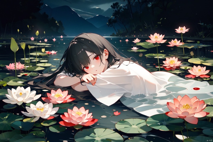 Taoist, lying on a river of blood, holding lotus flowers in his hand. The lotus flowers are stacked on top of him, creating a dark atmosphere. A girl with black hair and red eyes is lying in the water, creating a dark, evil, and gloomy atmosphere. Dark tone

