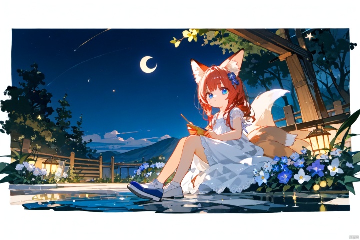 At night, in the flower, there is a glowing crescent moon in the middle of the flower . There is a little girl sitting there, with red hair, fox ears, blue eyes, and a white dress. The characters occupy a small area of the picture, and the scenery is painted