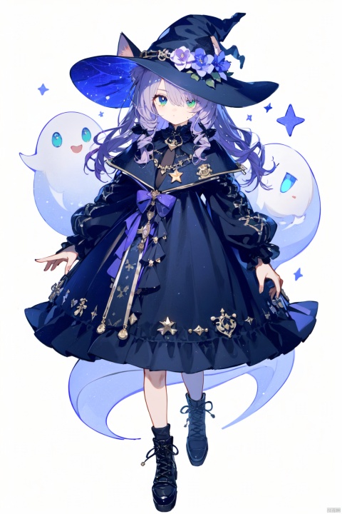  white hair,light purple hair, slightly curly hair, long hair, variegated pupils, one eye blue, one eye green, cat ears, flowers, wind, stars,The colors of the two eyes are different, one eye is blue, and the other eye is green, dress, strolling in the starry sky, light purple hair, witch hat, full body picture, ghost cat