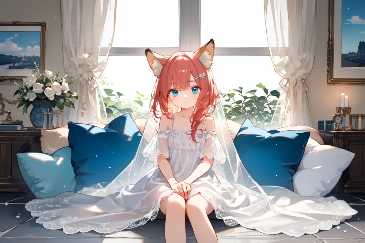 Red haired, blue eyed, fox eared girl, floor to ceiling glass window, lace light veil curtains, nightgown, cute pillow, sitting on the ground, holding a hand drawn board