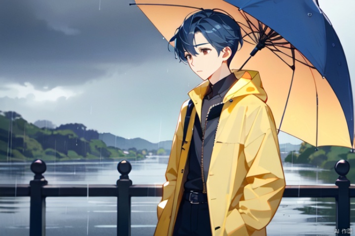 Overcast, rainy, umbrella, yellow raincoat, blue hair, hair length up to waist, 1_boy