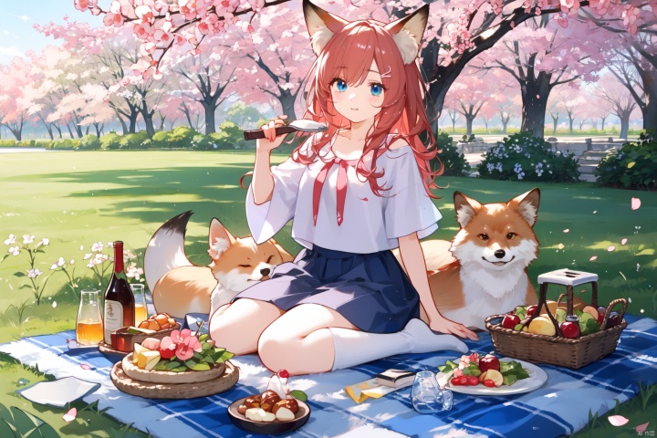 Cherry blossom forest, picnic, red haired fox ear, blue eyed girl