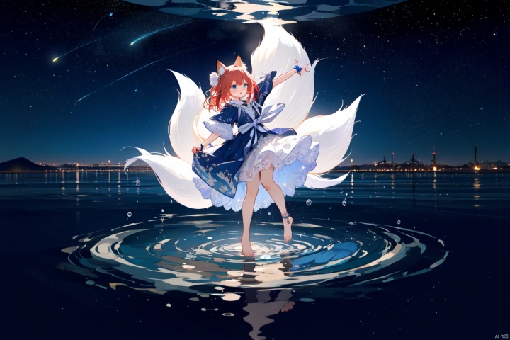 Layered white lace skirt, water surface, full body picture, barefoot stepping on the water surface, ripples, falling from the sky to the water surface, red hair, blue eyes, fox ear girl, starry sky, dancing