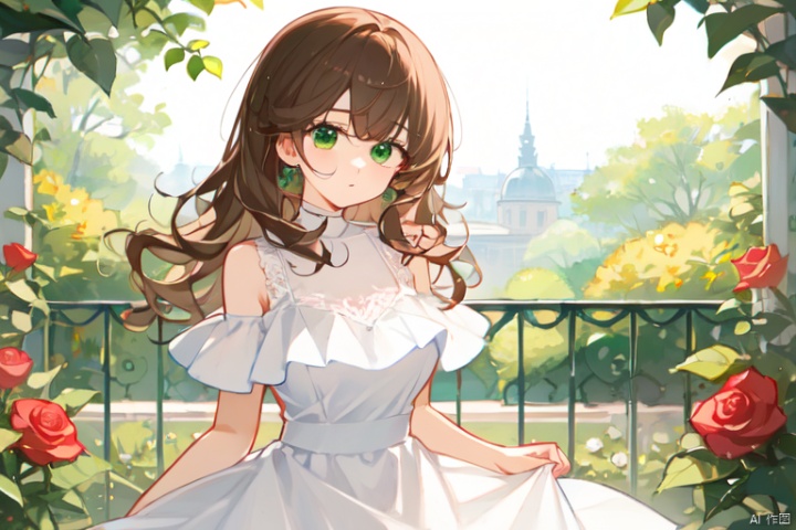 Upwardly upturned bangs, large wavy curly hair, center cut bangs, brown hair, red and green eyes, different pupils, two eyes of different colors, formal dress, rose garden