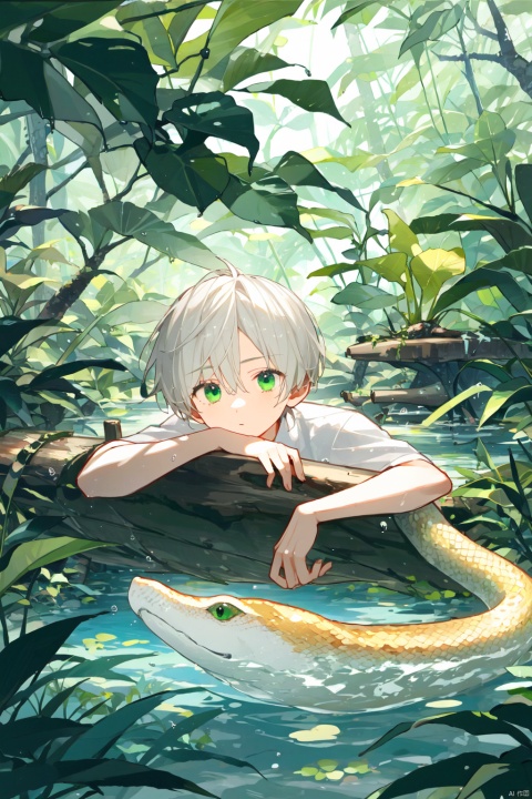  1boy, Rainforest, vines, collapsed tree trunks, boys lying on tree trunks, white hair, green eyes, water surface, ponytails,The pupil of a snake
