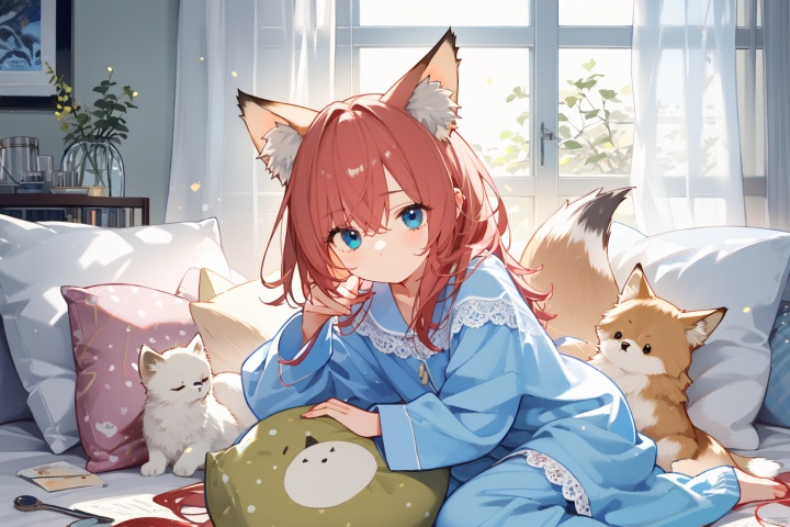 Red hair, blue eyes, fox ear girl, floor to ceiling glass window, lace gauze curtains, pajamas, cute pillow, sitting on the ground, holding a hand drawn board in hand, character on the right side of the picture, sideways