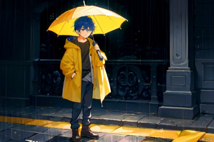 Overcast, rainy, umbrella, yellow raincoat, blue hair, hair length up to waist, male, full body picture