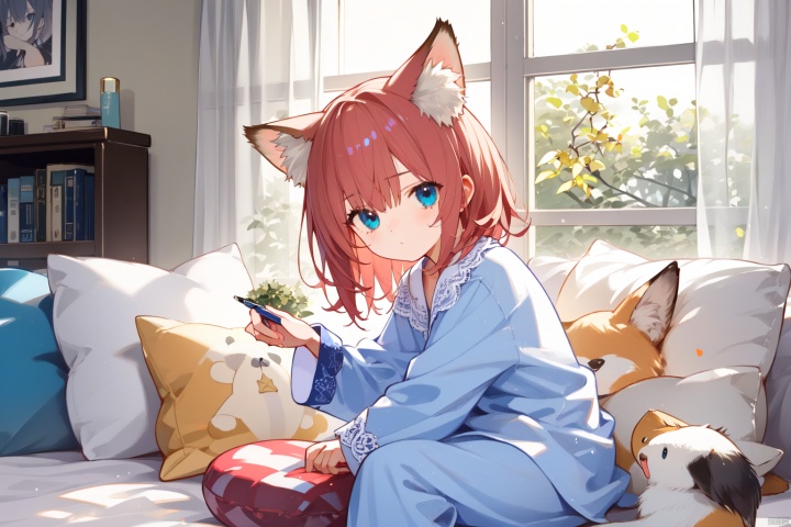 Red hair, blue eyes, fox ear girl, floor to ceiling glass window, lace gauze curtains, pajamas, cute pillow, sitting on the ground, holding a hand drawn board in hand, character on the right side of the picture, sideways