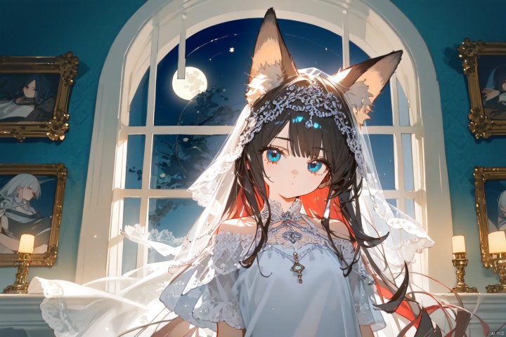 Red haired blue eyed fox ear girl, European classical glass window, moonlight, veil, tarot brand,at night